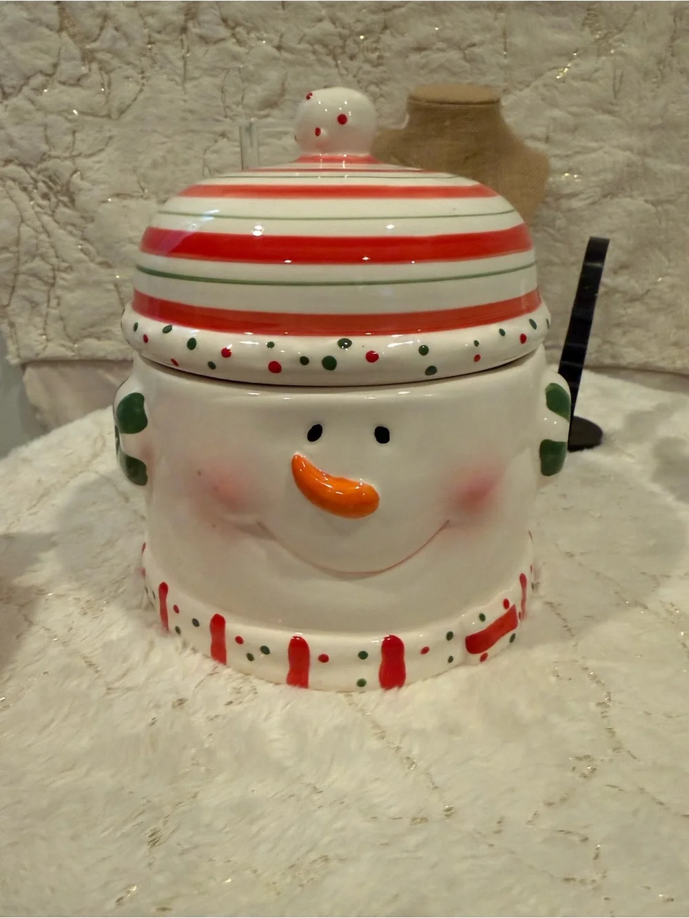 Holiday Snowman Ceramic Cookie Jar - White and Red